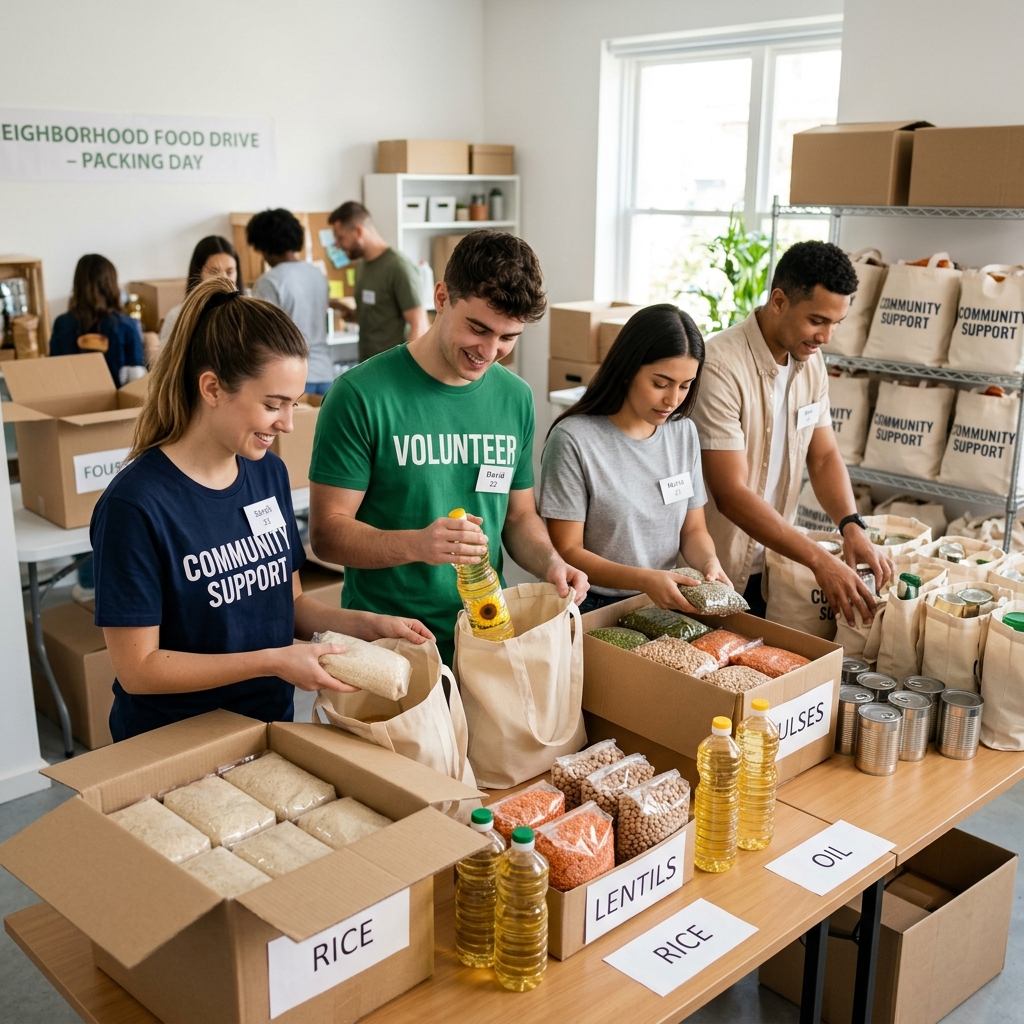 Volunteers packing grocery ration kits
